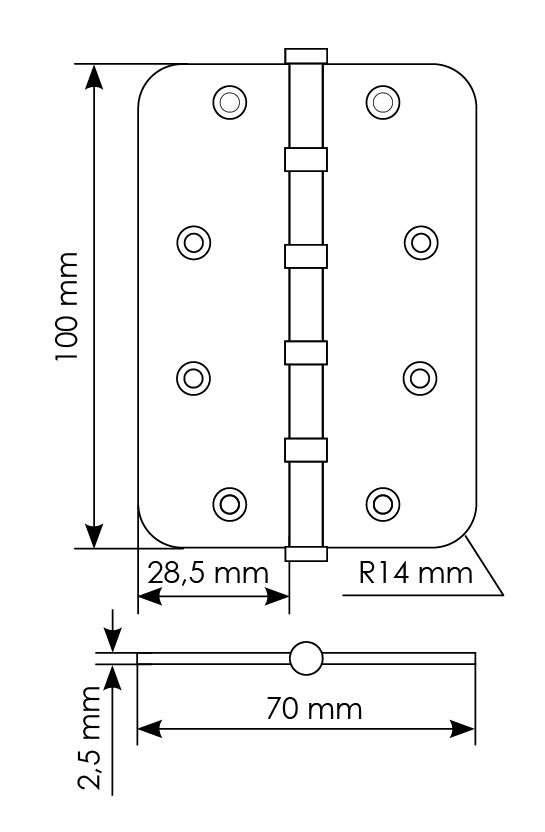 Петля стальная MSN-C 100X70X2.5-4BB SG скругленная универсальная с подшипником, вес полотна до 40 кг, цвет матовое золото фото купить в Набережных Челнах